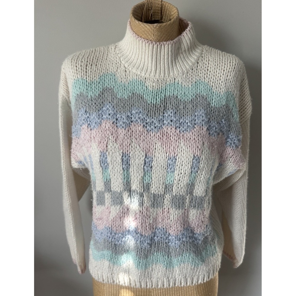 Vintage Currants Jeri-Jo Turtleneck Sweater White Pastel Pink Blue Knit 80s Med‎